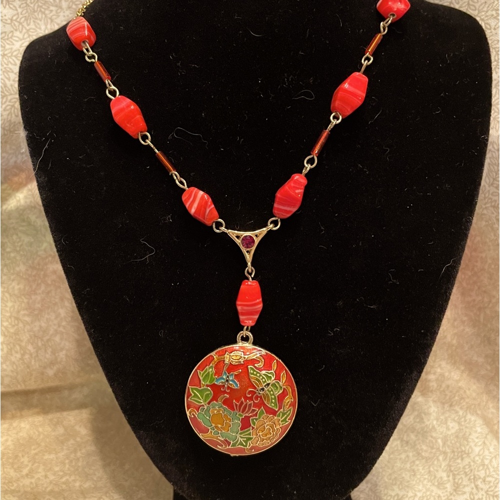 Vintage Goldtone Cloisonné Garden Enamel Pendant and Chain